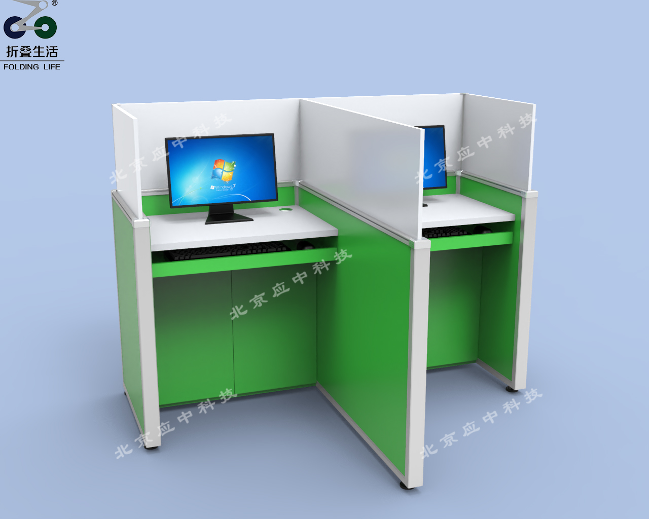 双人位山字形鹦鹉绿升降屏风电脑桌